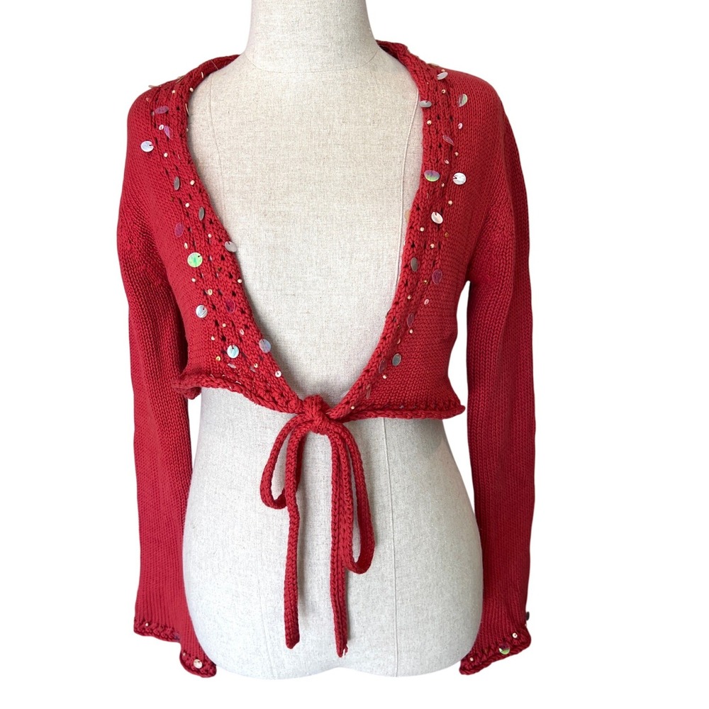 Y2K Cropped Short Cardigan Shrug Orange Beaded Sequin Tie Front Bolero Festival